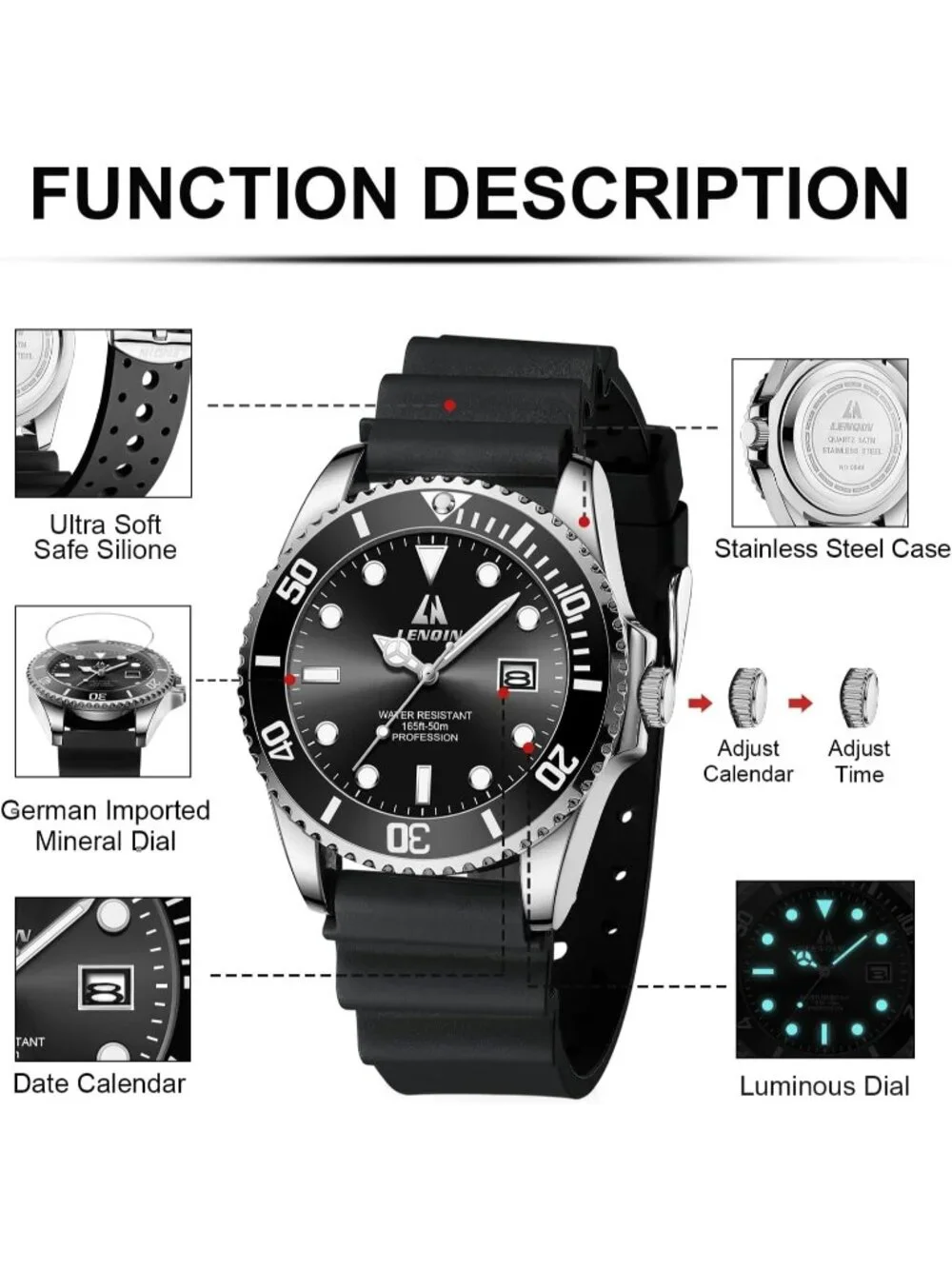 Men's Black Silver Buckle Analog Quartz Waterproof Luminous Wrist Round Watch